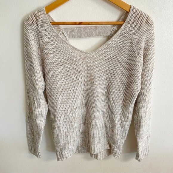 Oatmeal Colored Open Back Crewneck Sweater - Picture 1 of 5